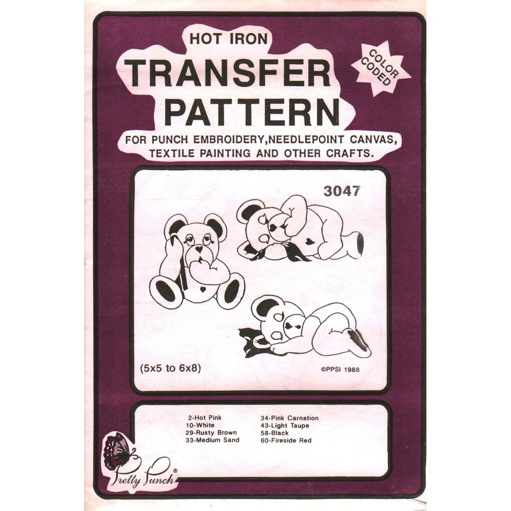 Vintage 1988 Pretty Punch Hot Iron Transfer Pattern 3047 Teddy Bears Embroidery